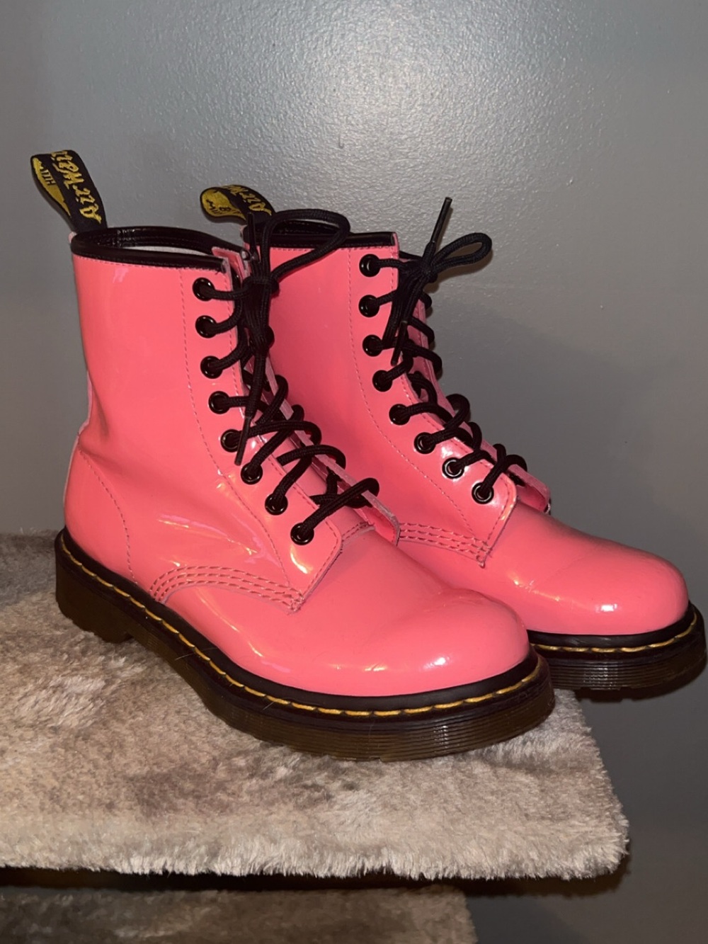 Dr. Martens Patent 8-Eye Lace-Up Boots in Pink with Black Laces
